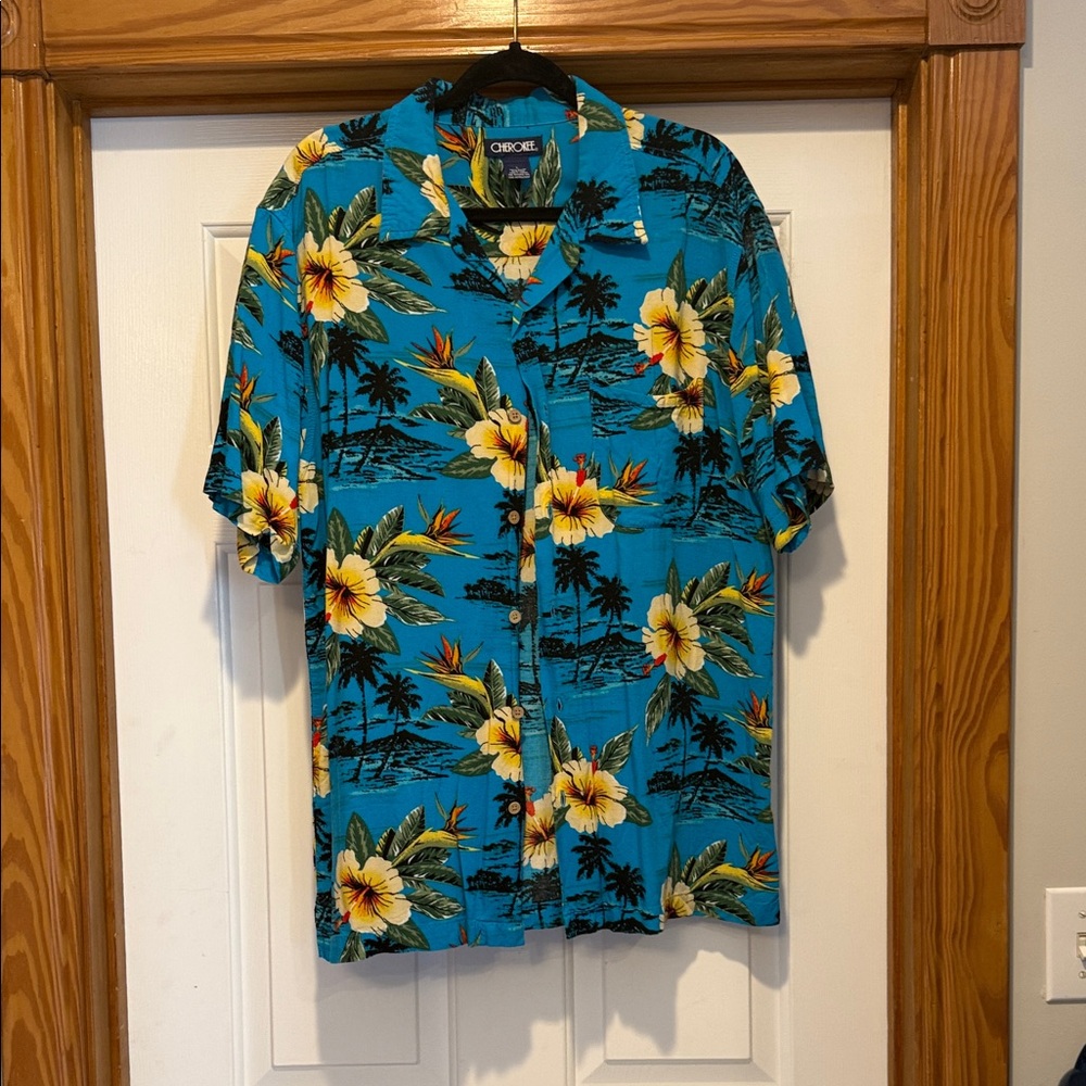 Cherokee Turquoise Hawaiian Floral Short-Sleeve Button-Up Shirt